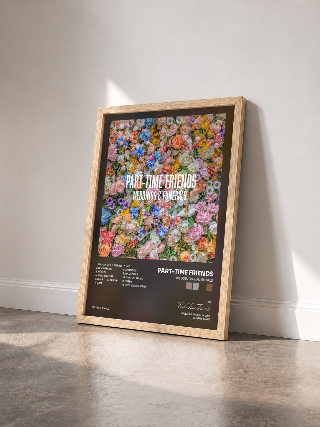 #bois Tableau de l'album Weddings & Funerals de Part-Time Friends vu de trois quarts, cadre en bois brut
