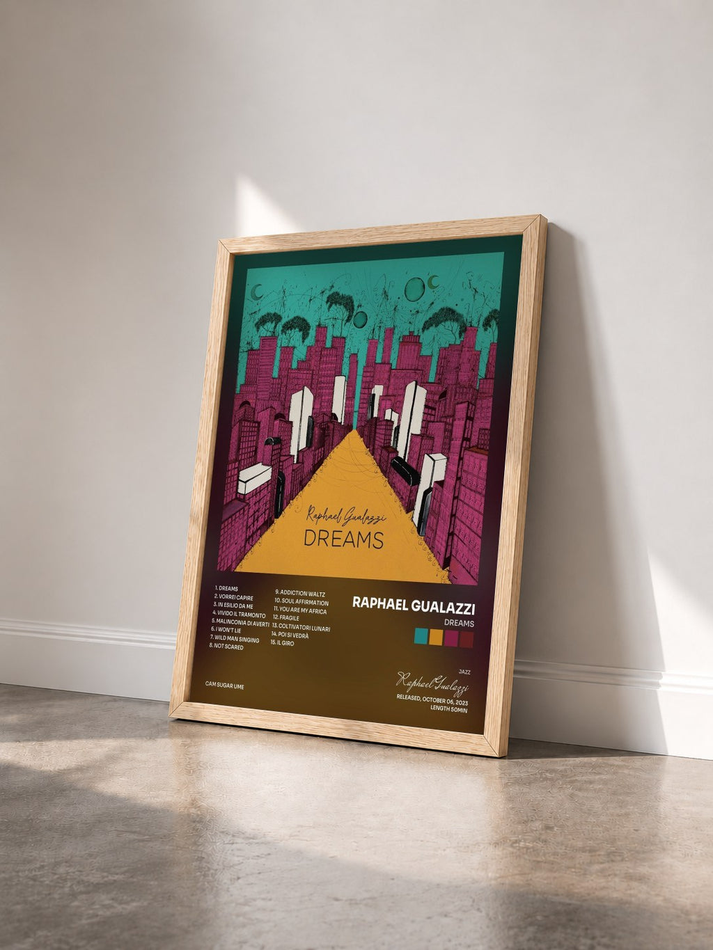 #bois Tableau de l'album Dreams de Raphael Gualazzi vu de trois quarts, cadre en bois brut