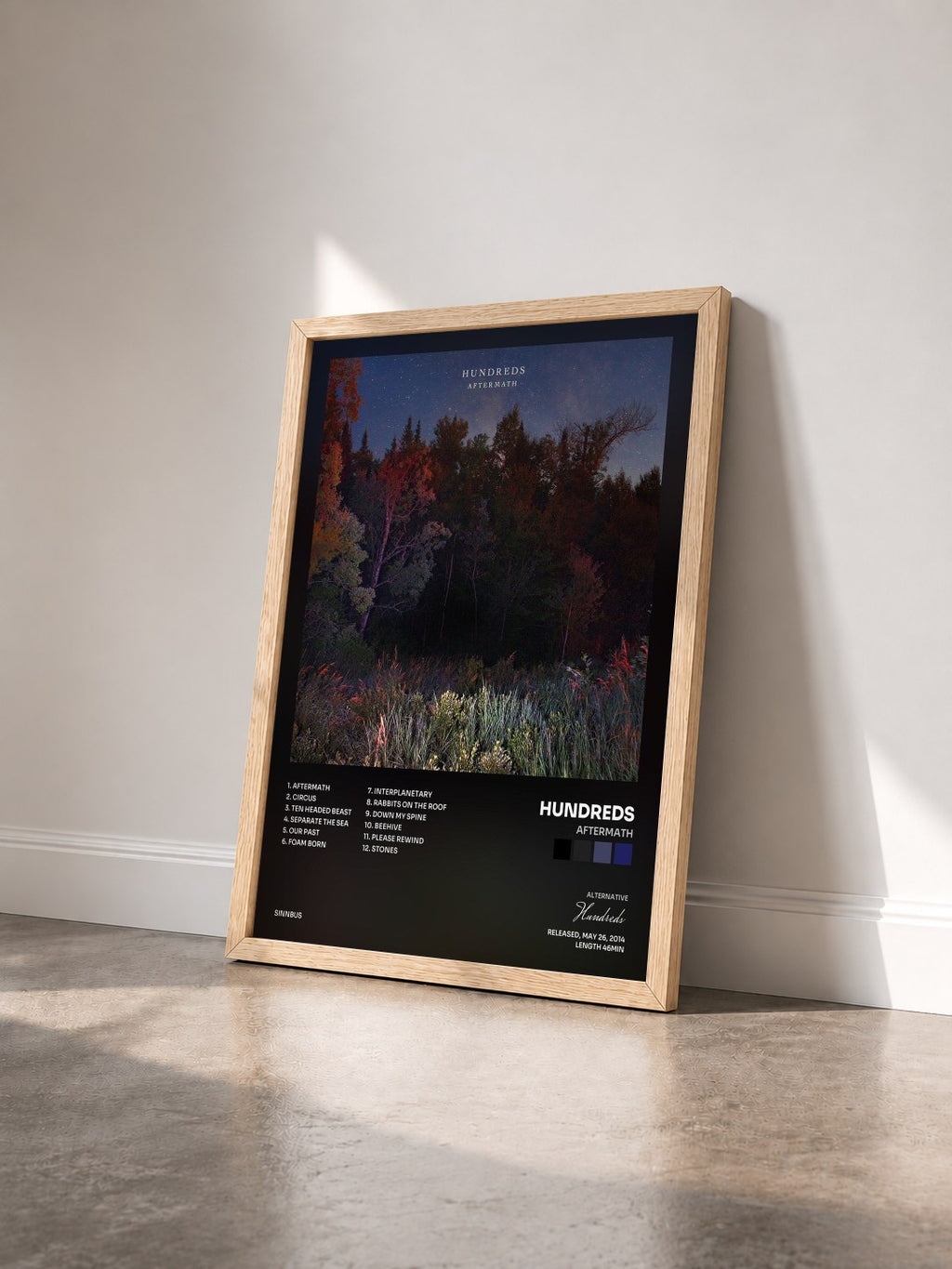 #bois Tableau de l'album Aftermath de Hundreds vu de trois quarts, cadre en bois brut