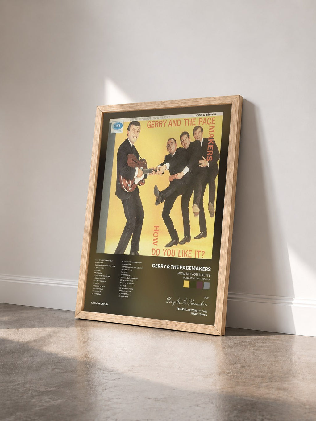 #bois Tableau de l'album How Do You Like It? (Mono And Stereo Version) de Gerry & The Pacemakers vu de trois quarts, cadre en bois brut