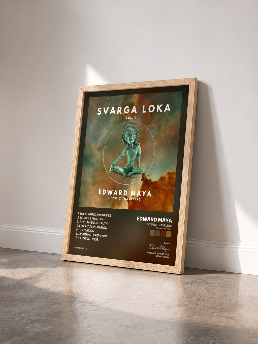 #bois Tableau de l'album Cosmic Travelers (Svarga Loka Vol.13) de Edward Maya vu de trois quarts, cadre en bois brut