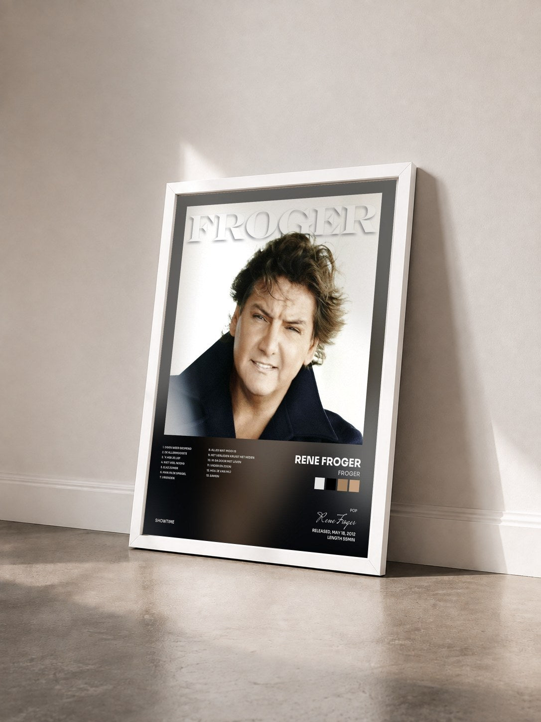 #blanc Tableau de l'album Froger de Rene Froger vu de trois quarts, cadre blanc