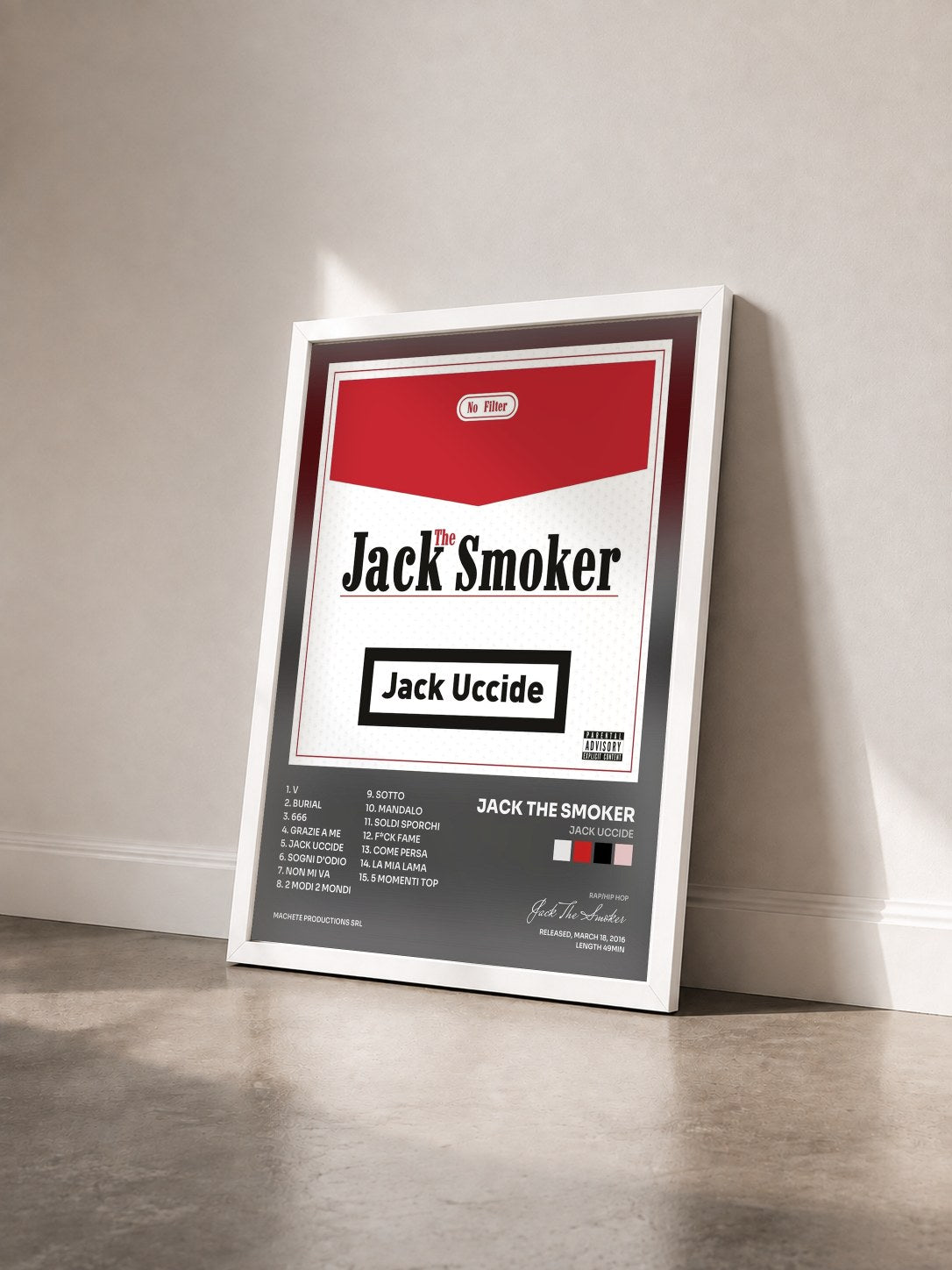 #blanc Tableau de l'album Jack uccide de Jack The Smoker vu de trois quarts, cadre blanc