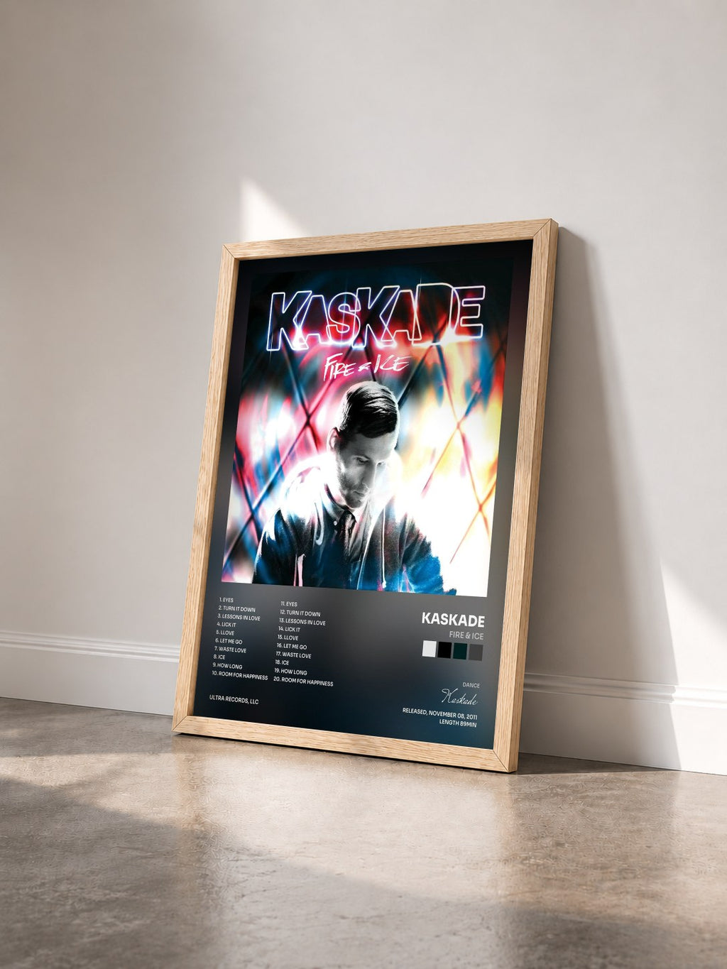 #bois Tableau de l'album Fire & Ice de Kaskade vu de trois quarts, cadre en bois brut