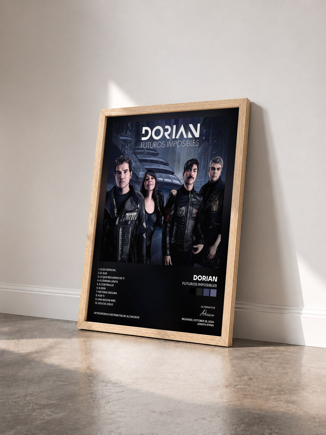 #bois Tableau de l'album Futuros Imposibles de Dorian vu de trois quarts, cadre en bois brut