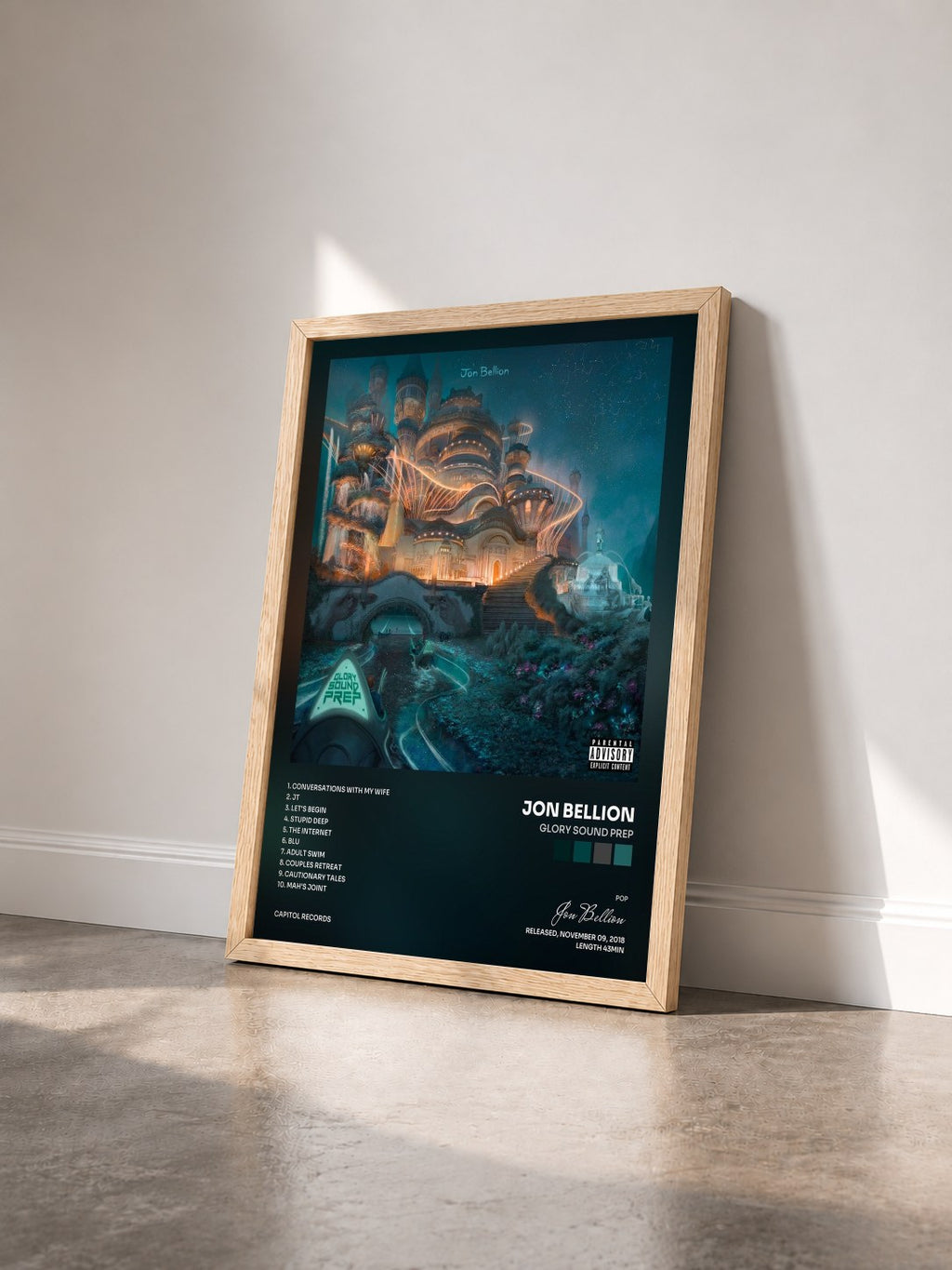 #bois Tableau de l'album Glory Sound Prep de Jon Bellion vu de trois quarts, cadre en bois brut