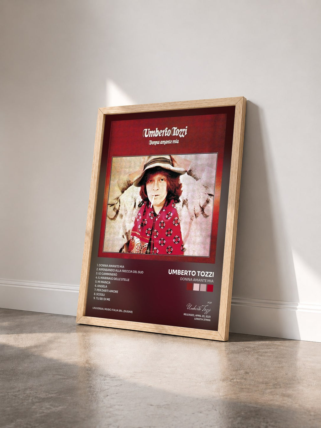 #bois Tableau de l'album Donna amante mia de Umberto Tozzi vu de trois quarts, cadre en bois brut