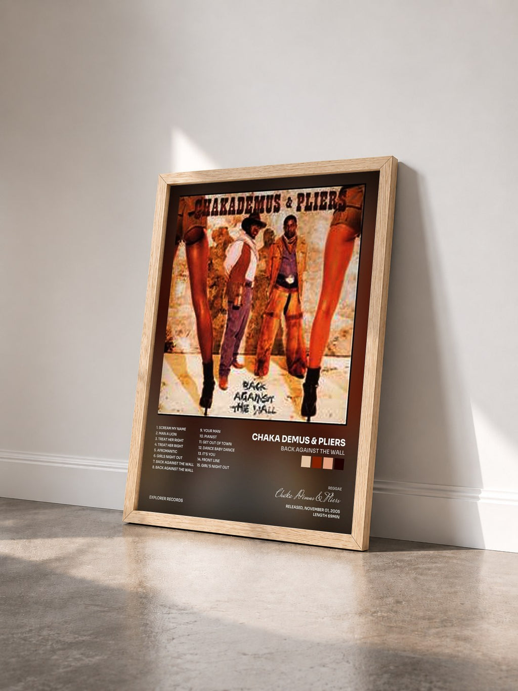 #bois Tableau de l'album Back Against The Wall de Chaka Demus & Pliers vu de trois quarts, cadre en bois brut