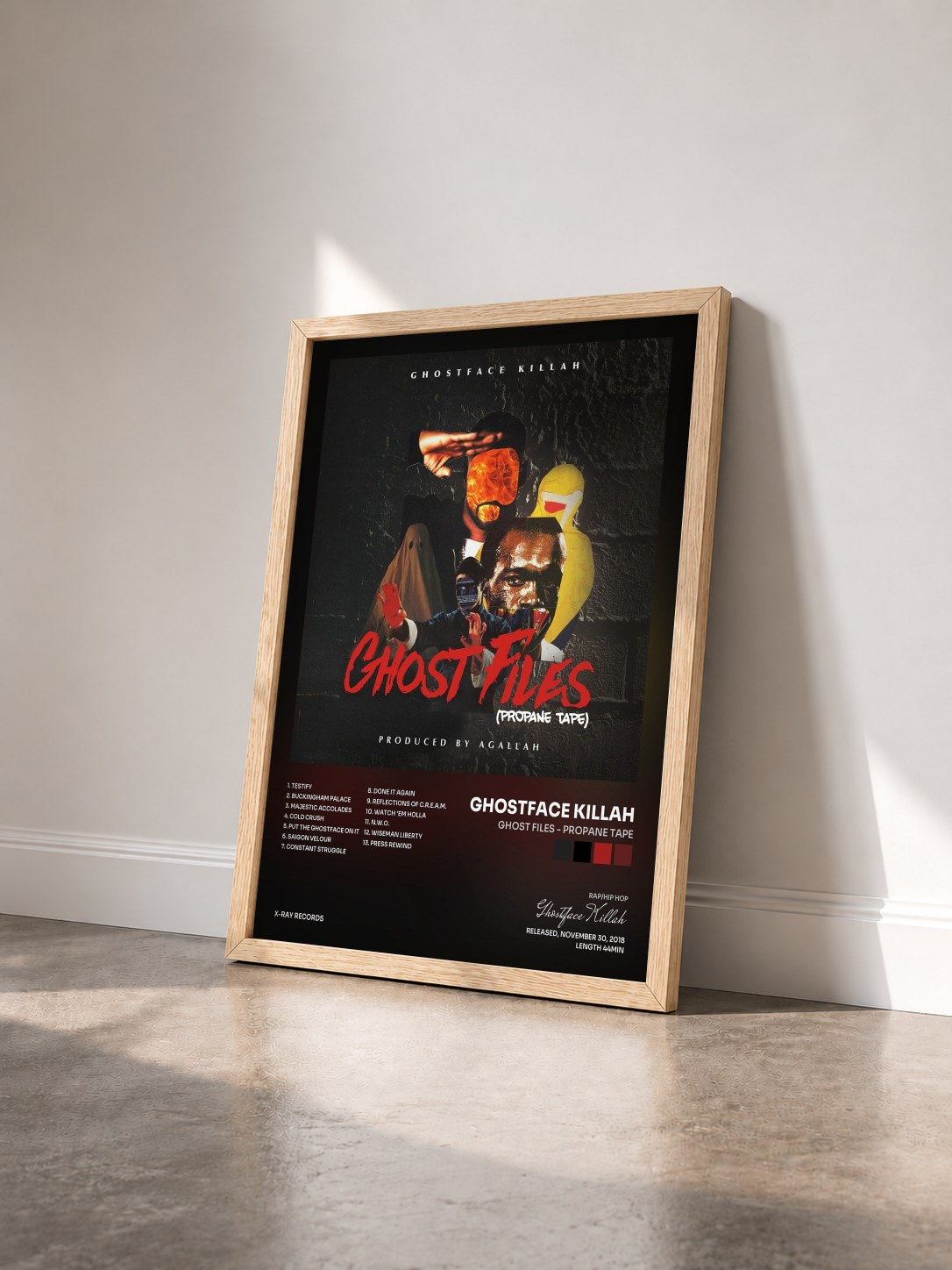 #bois Tableau de l'album Ghost Files - Propane Tape de Ghostface Killah vu de trois quarts, cadre en bois brut