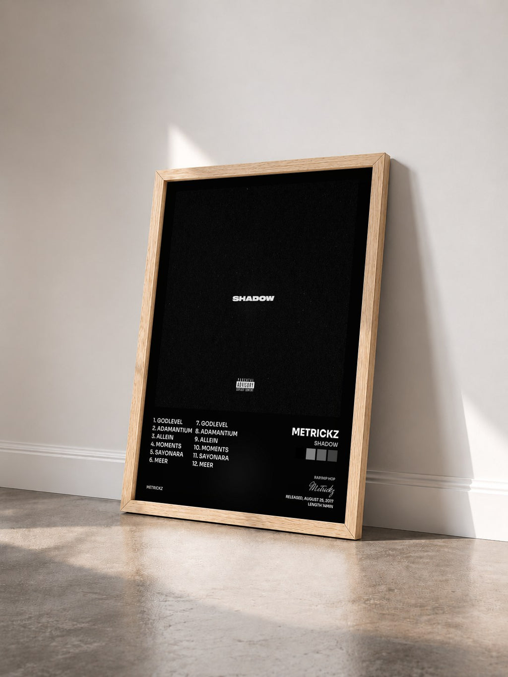 #bois Tableau de l'album Shadow de Metrickz vu de trois quarts, cadre en bois brut