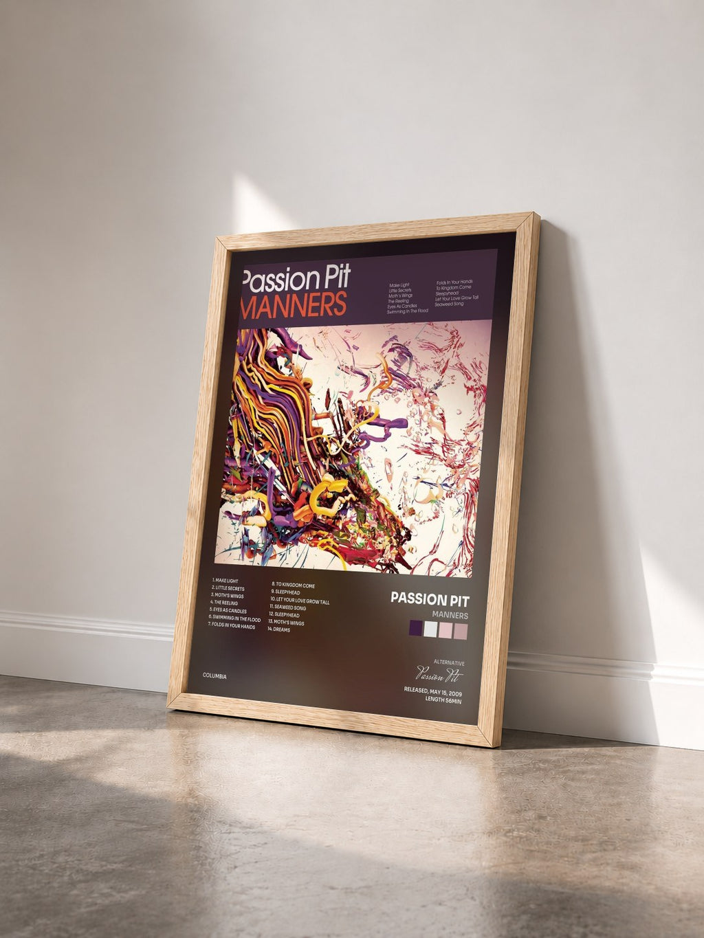 #bois Tableau de l'album Manners de Passion Pit vu de trois quarts, cadre en bois brut