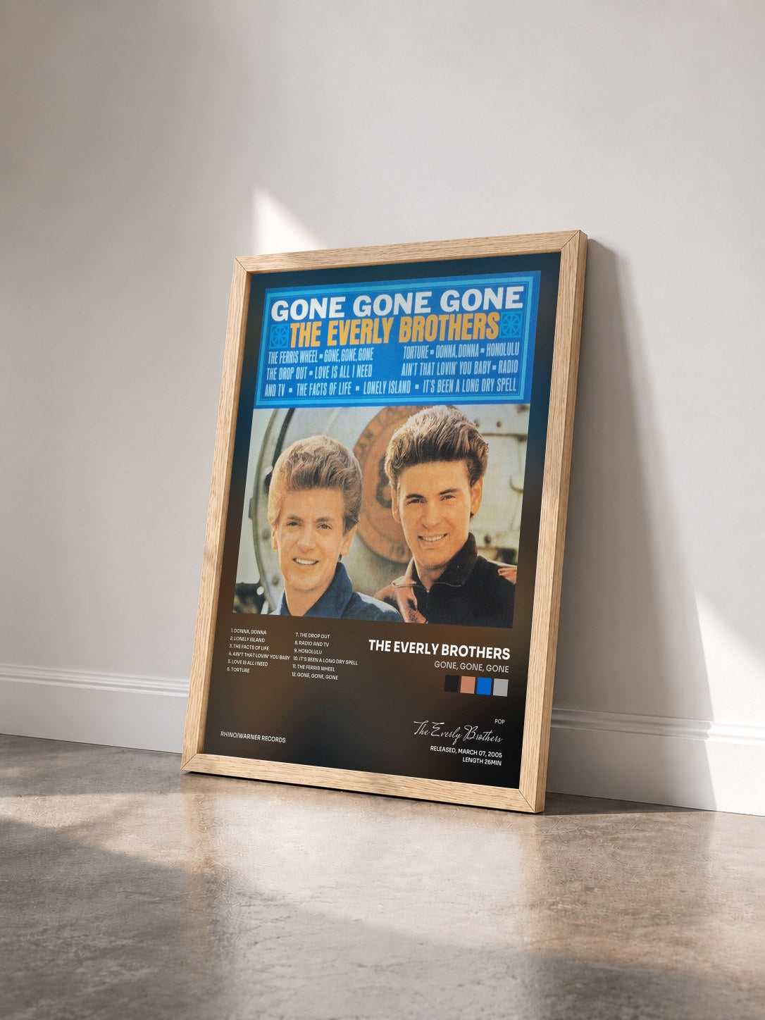 #bois Tableau de l'album Gone, Gone, Gone de The Everly Brothers vu de trois quarts, cadre en bois brut