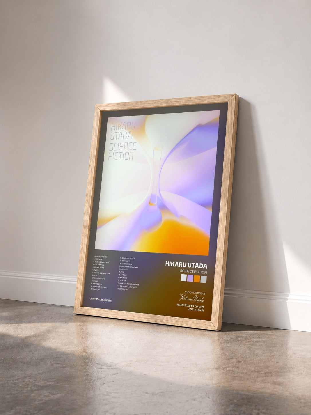 #bois Tableau de l'album SCIENCE FICTION de Hikaru Utada vu de trois quarts, cadre en bois brut