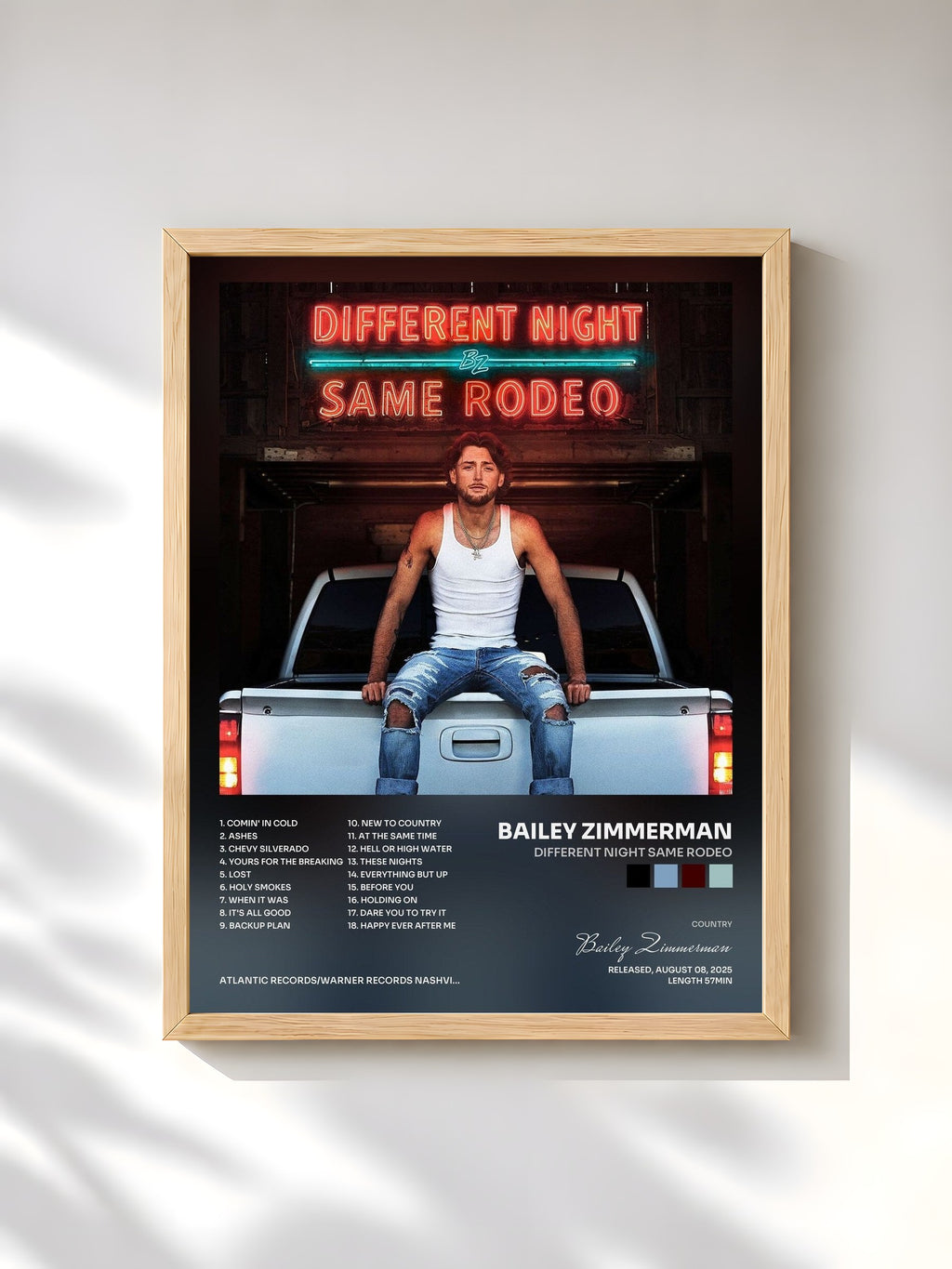 #bois Tableau de l'album Different Night Same Rodeo de Bailey Zimmerman, cadre en bois brut, imprimé et encadré en France
