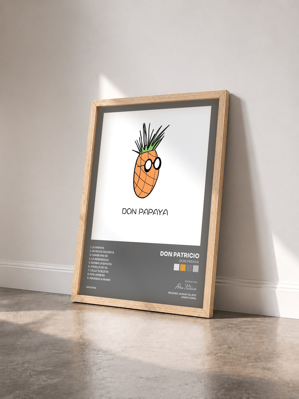 #bois Tableau de l'album Don Papaya de Don Patricio vu de trois quarts, cadre en bois brut