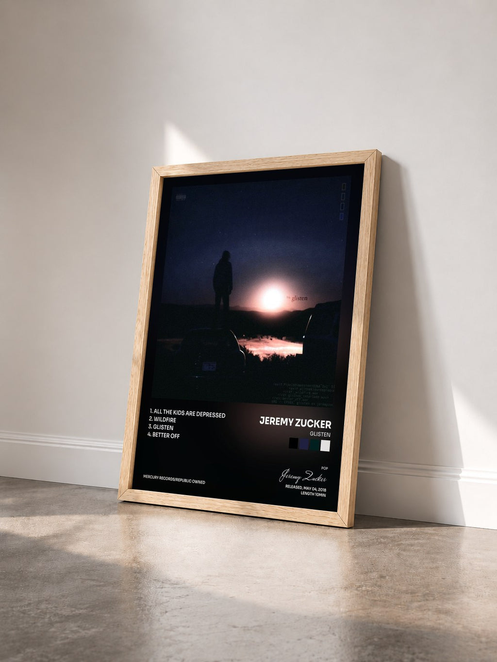 #bois Tableau de l'album glisten de Jeremy Zucker vu de trois quarts, cadre en bois brut