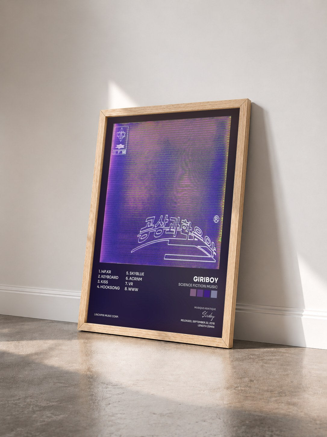 #bois Tableau de l'album Science Fiction Music de Giriboy vu de trois quarts, cadre en bois brut