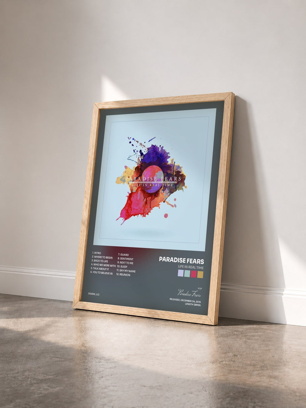 #bois Tableau de l'album Life In Real Time de Paradise Fears vu de trois quarts, cadre en bois brut