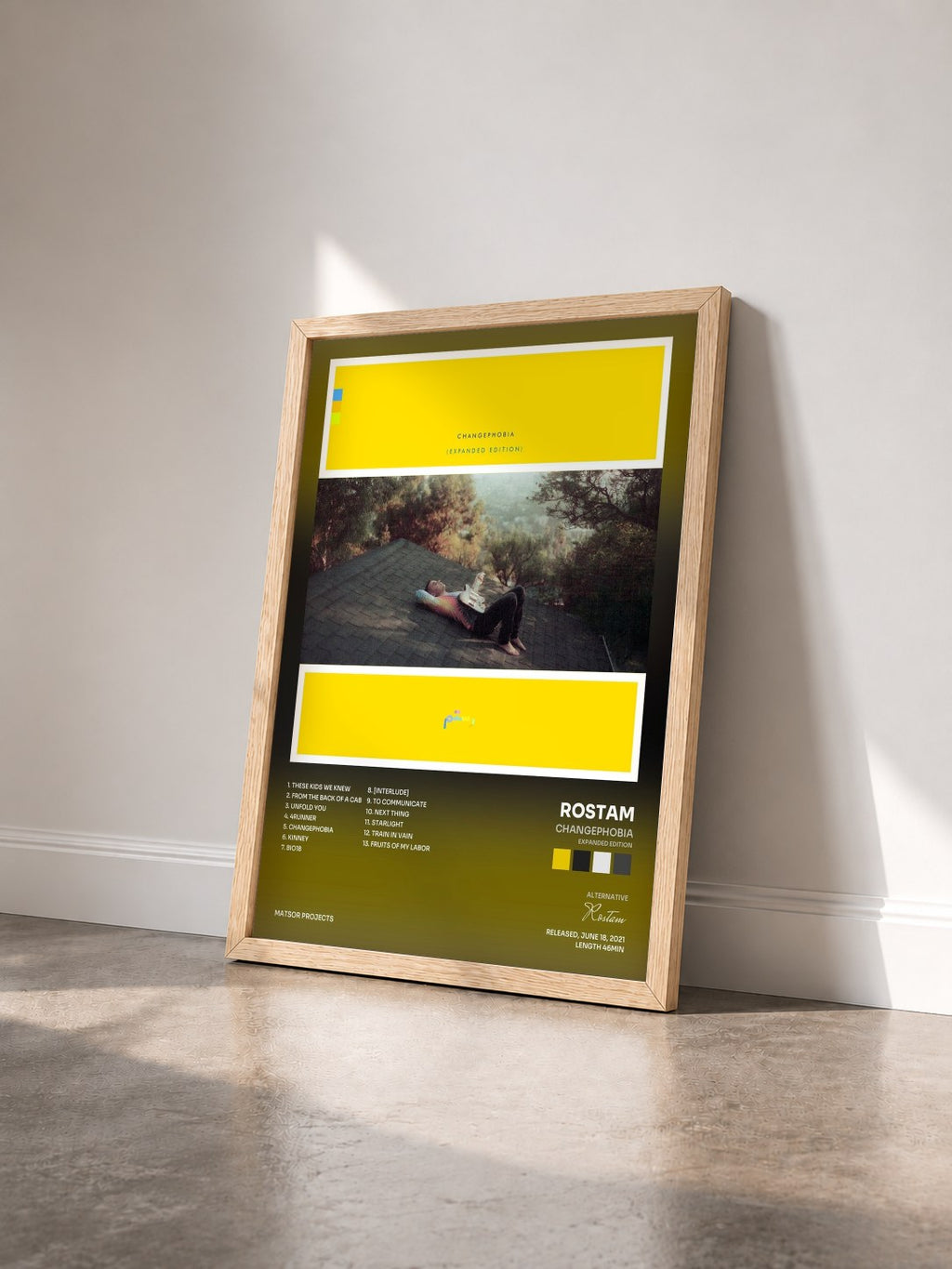 #bois Tableau de l'album Changephobia (Expanded Edition) de Rostam vu de trois quarts, cadre en bois brut