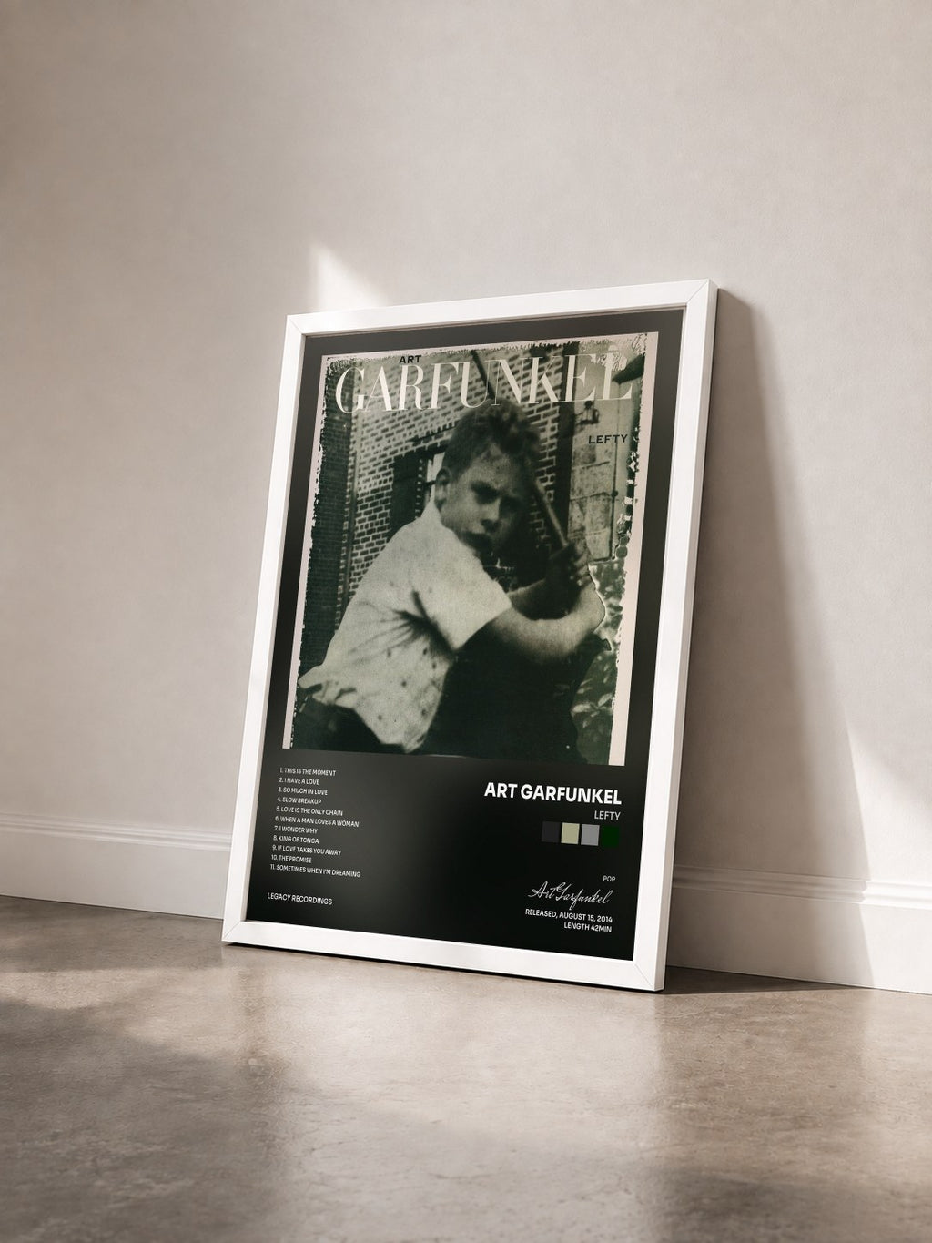 #blanc Tableau de l'album Lefty de Art Garfunkel vu de trois quarts, cadre blanc