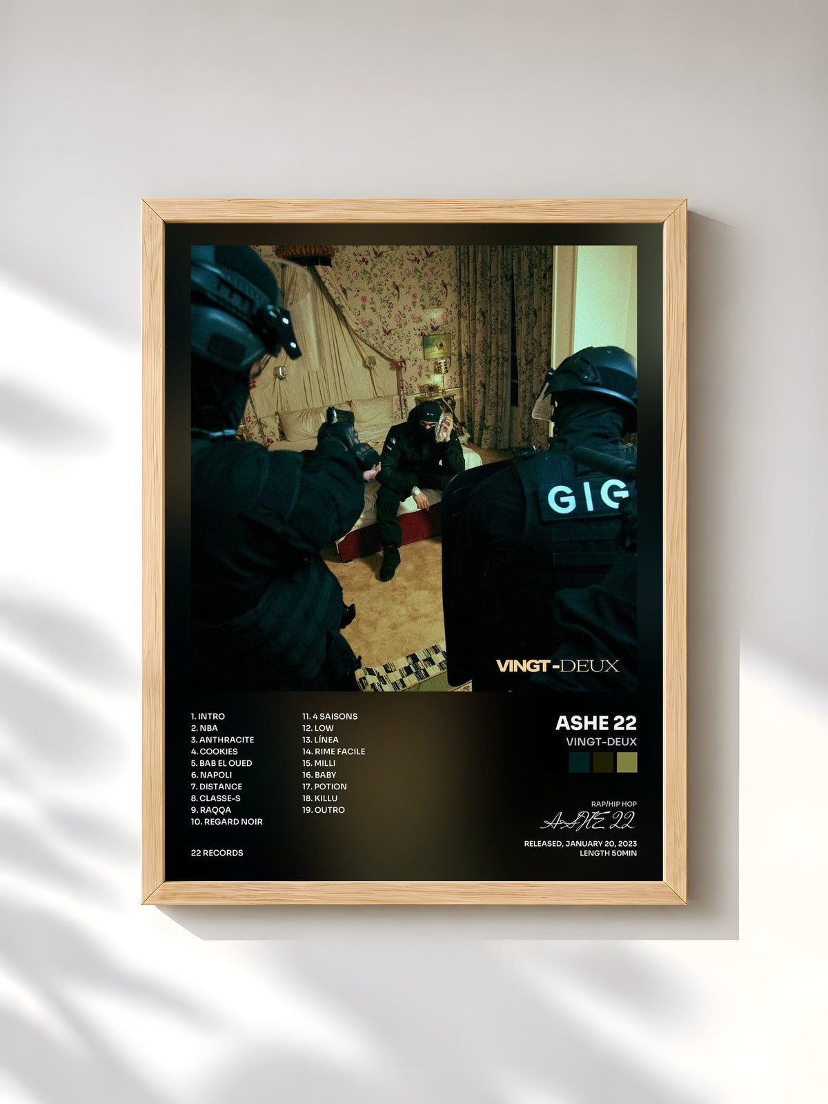 #bois Tableau de l'album Vingt-deux de ASHE 22, cadre en bois brut, imprimé et encadré en France