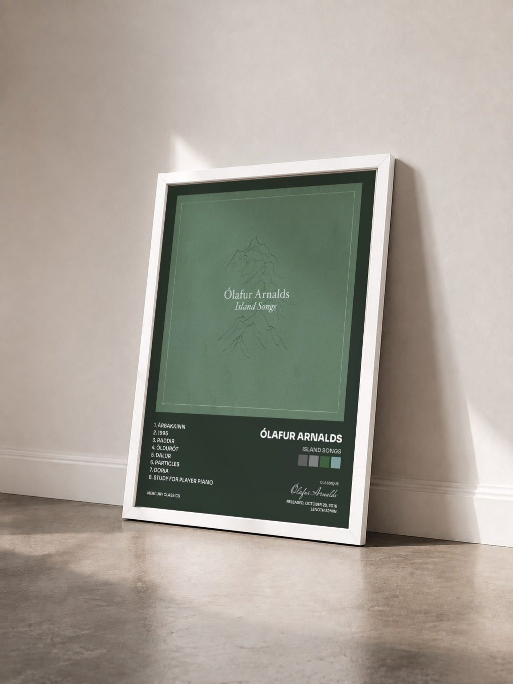 #blanc Tableau de l'album Island Songs de Ólafur Arnalds vu de trois quarts, cadre blanc