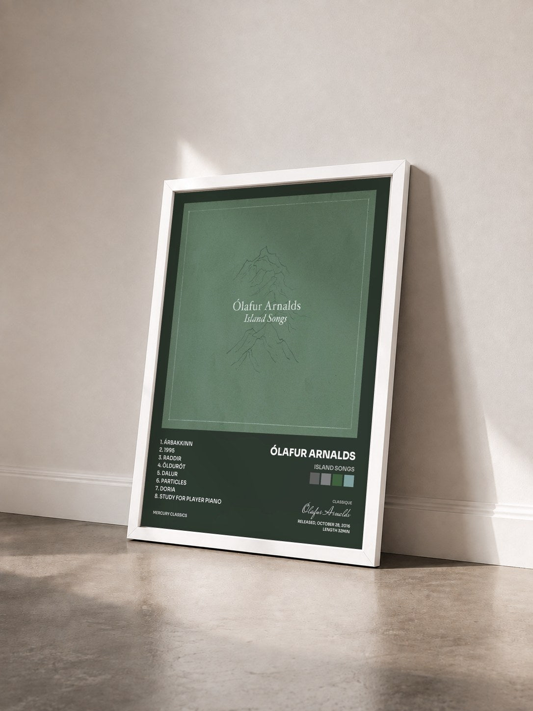 #blanc Tableau de l'album Island Songs de Ólafur Arnalds vu de trois quarts, cadre blanc