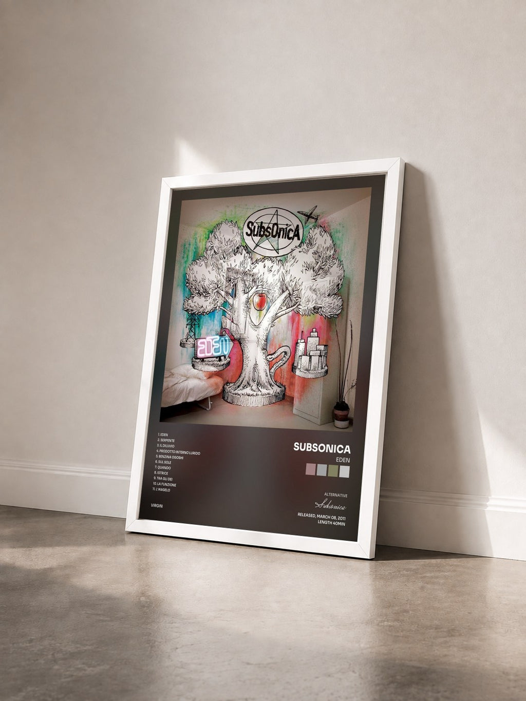 #blanc Tableau de l'album Eden de Subsonica vu de trois quarts, cadre blanc