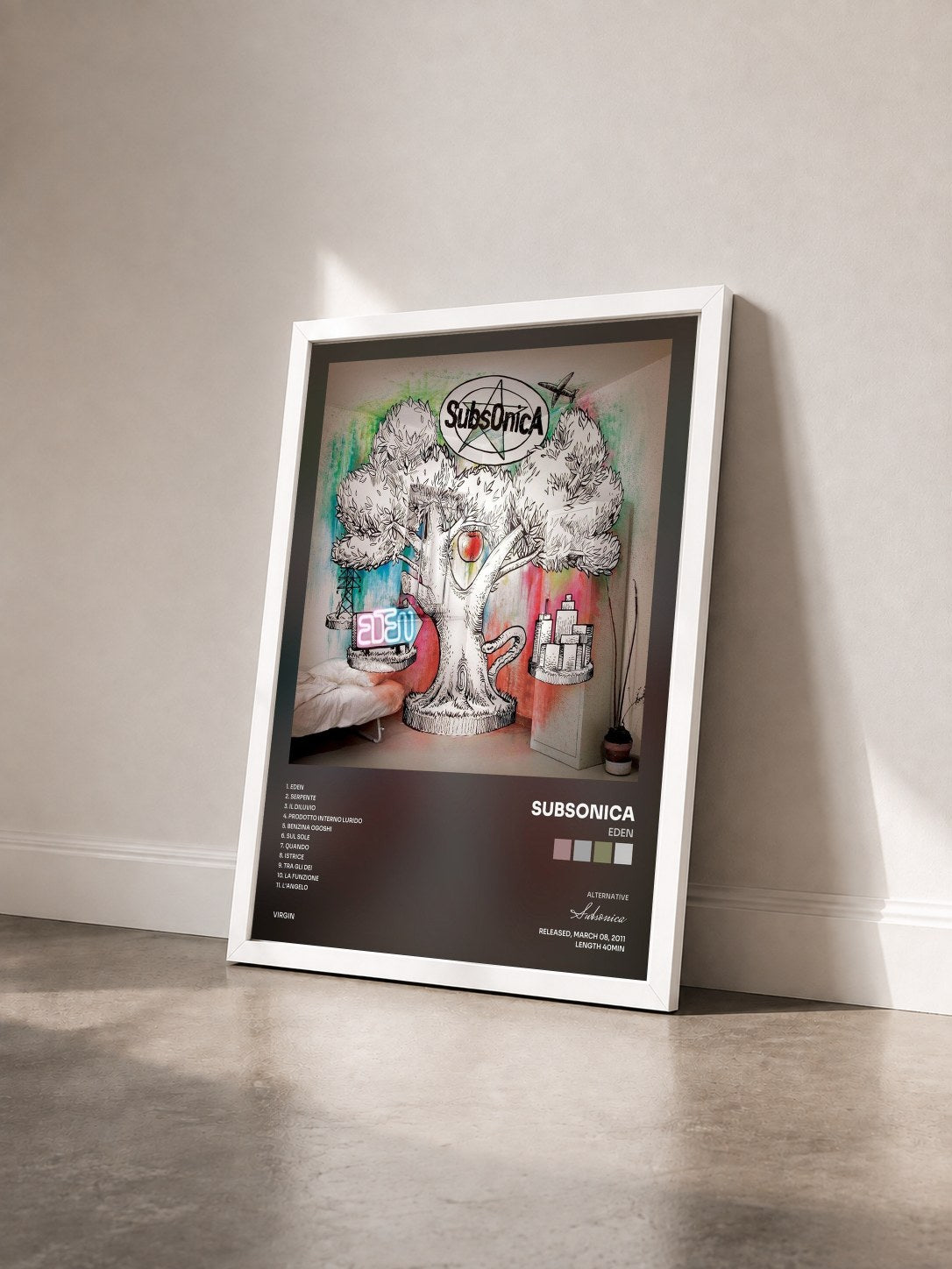 #blanc Tableau de l'album Eden de Subsonica vu de trois quarts, cadre blanc