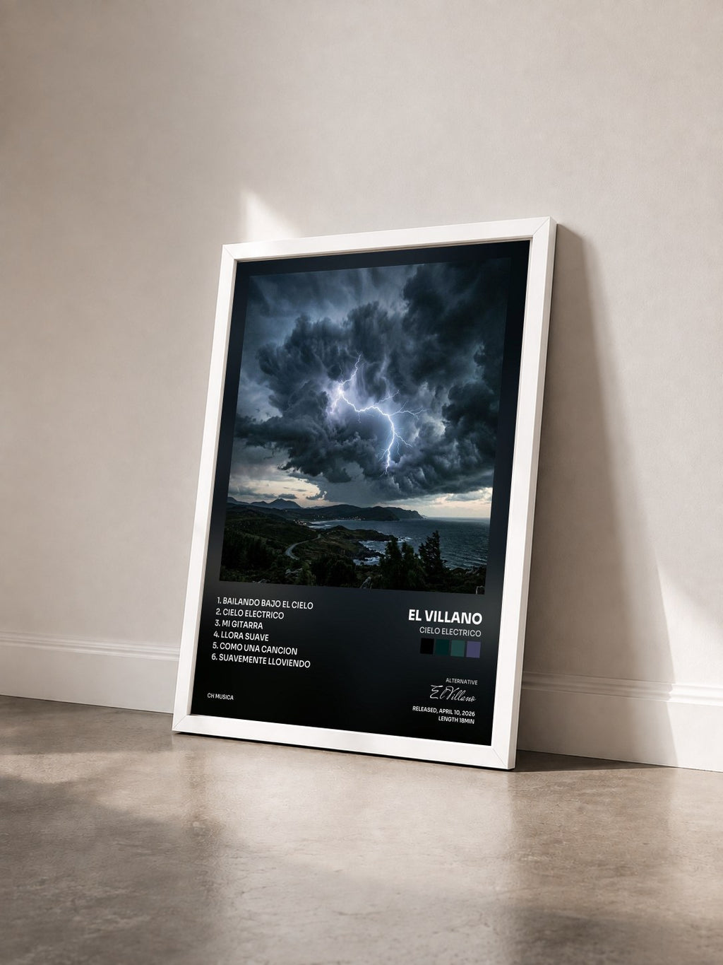 #blanc Tableau de l'album Cielo Electrico de El Villano vu de trois quarts, cadre blanc