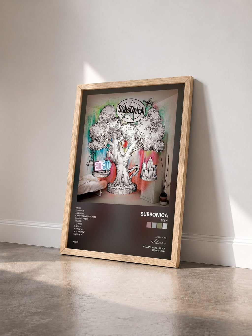 #bois Tableau de l'album Eden de Subsonica vu de trois quarts, cadre en bois brut