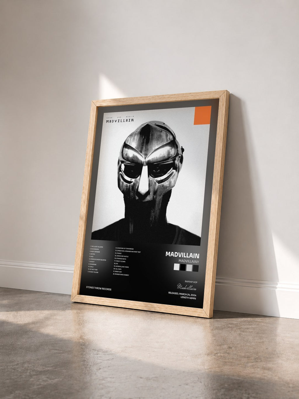 #bois Tableau de l'album Madvillainy de Madvillain vu de trois quarts, cadre en bois brut