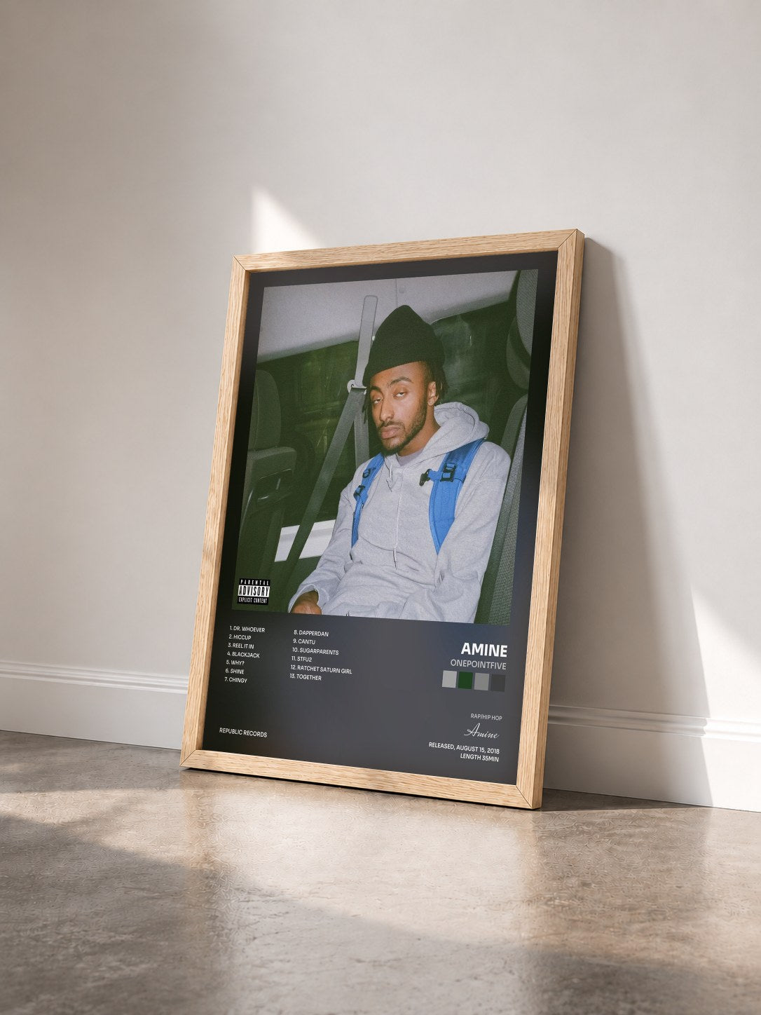 #bois Tableau de l'album ONEPOINTFIVE de Amine vu de trois quarts, cadre en bois brut
