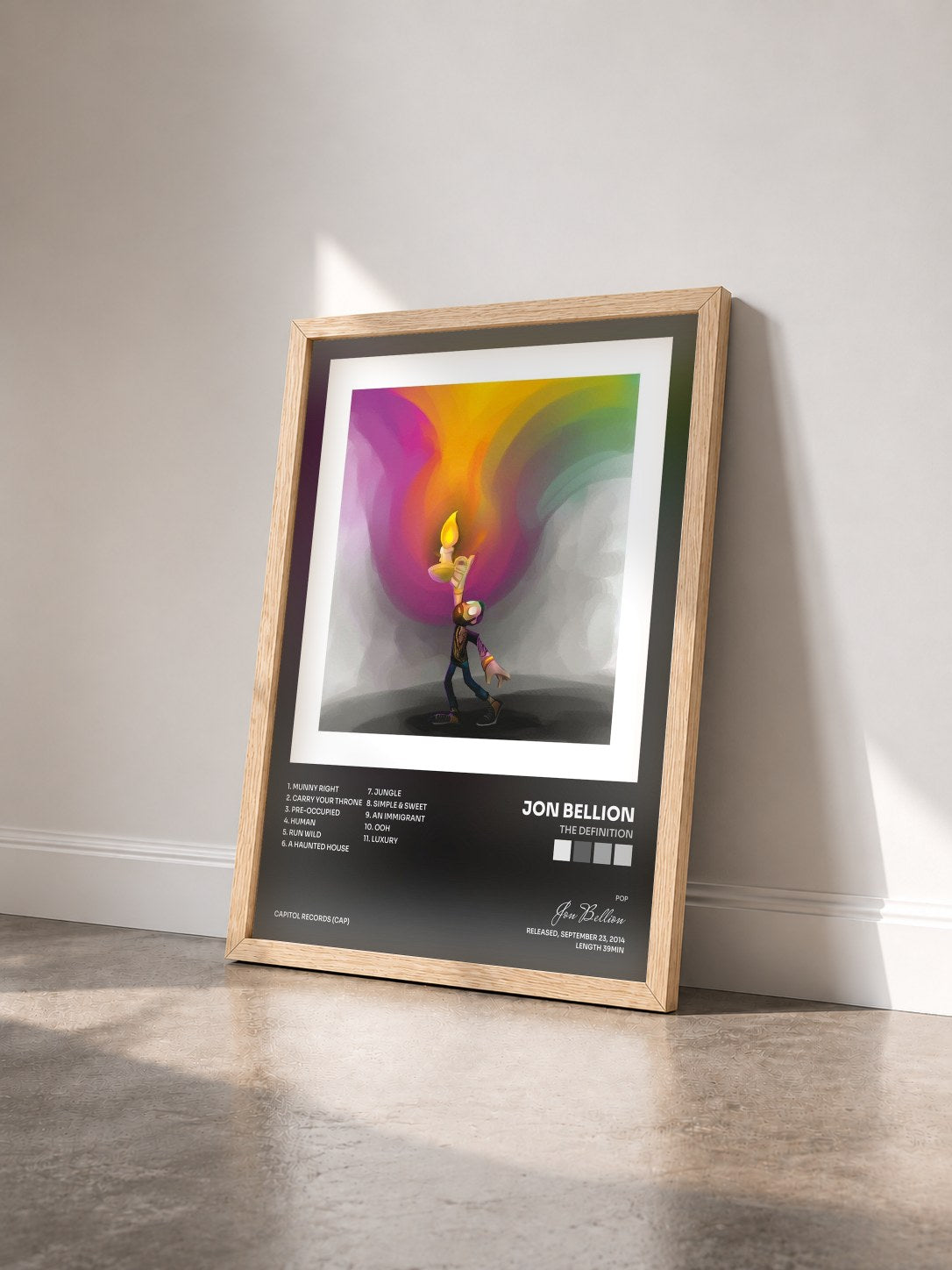 #bois Tableau de l'album The Definition de Jon Bellion vu de trois quarts, cadre en bois brut