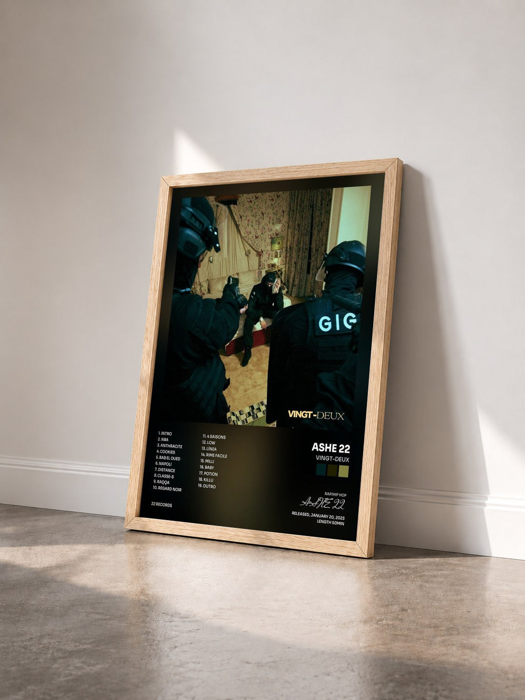 #bois Tableau de l'album Vingt-deux de ASHE 22 vu de trois quarts, cadre en bois brut