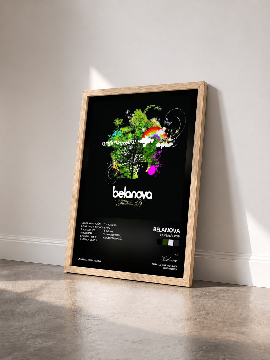 #bois Tableau de l'album Fantasía Pop de Belanova vu de trois quarts, cadre en bois brut