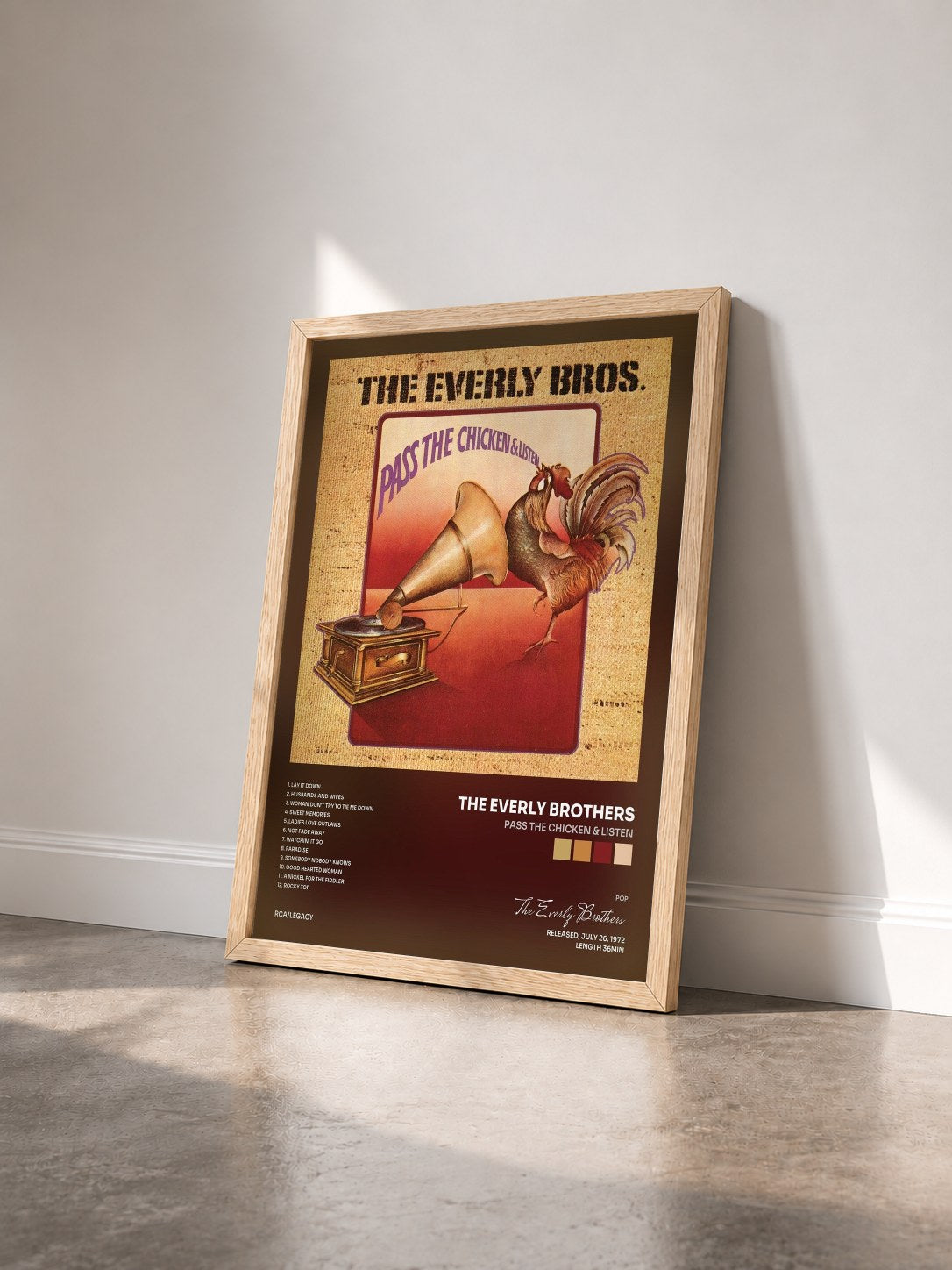 #bois Tableau de l'album Pass The Chicken & Listen de The Everly Brothers vu de trois quarts, cadre en bois brut
