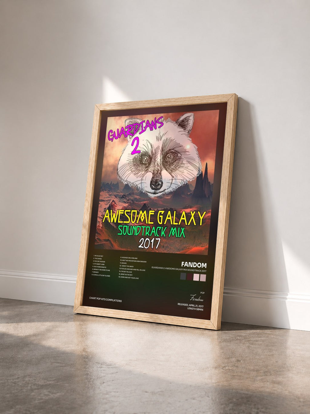 #bois Tableau de l'album Guardians 2: Awesome Galaxy Mix Soundtrack 2017 de Fandom vu de trois quarts, cadre en bois brut