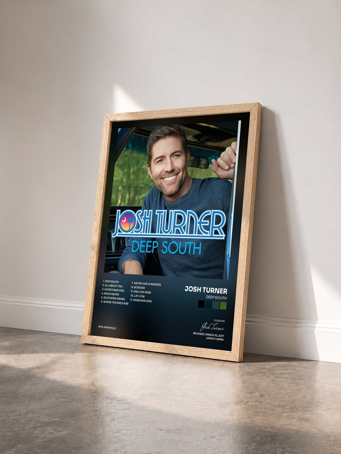 #bois Tableau de l'album Deep South de Josh Turner vu de trois quarts, cadre en bois brut