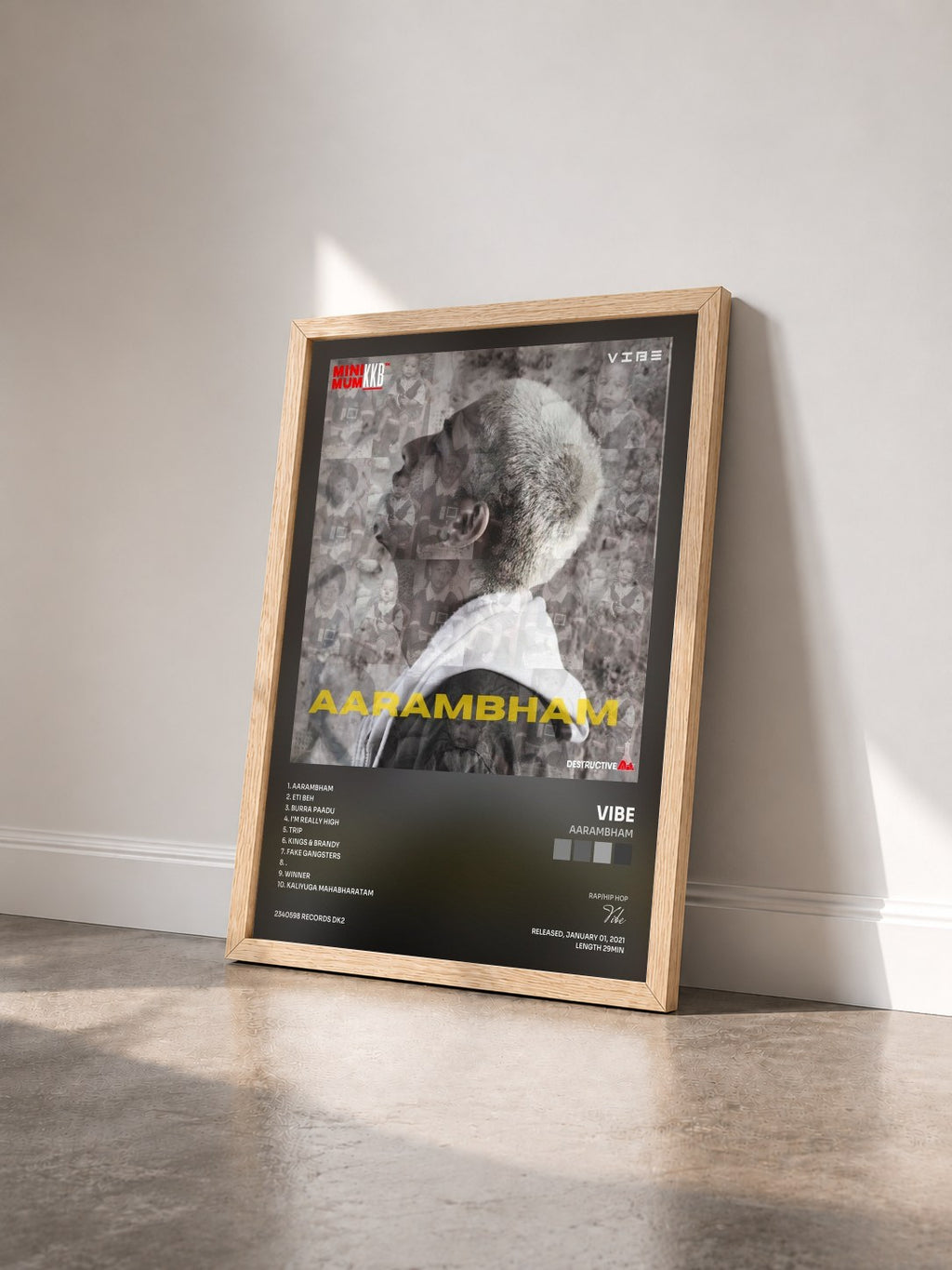 #bois Tableau de l'album Aarambham de Vibe vu de trois quarts, cadre en bois brut