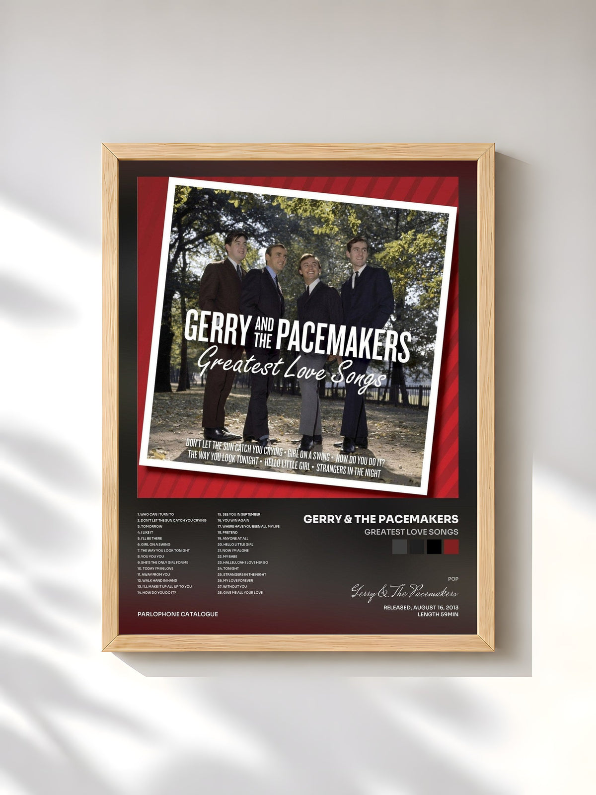 #bois Tableau de l'album Greatest Love Songs de Gerry & The Pacemakers, cadre en bois brut, imprimé et encadré en France