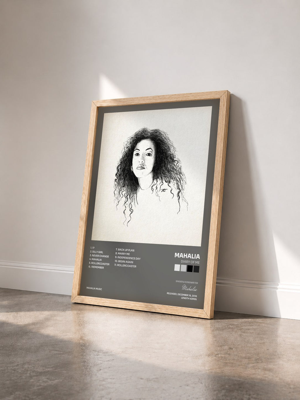 #bois Tableau de l'album Diary of Me de Mahalia vu de trois quarts, cadre en bois brut