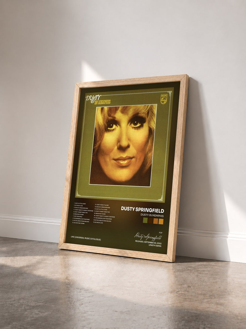 #bois Tableau de l'album Dusty In Memphis de Dusty Springfield vu de trois quarts, cadre en bois brut