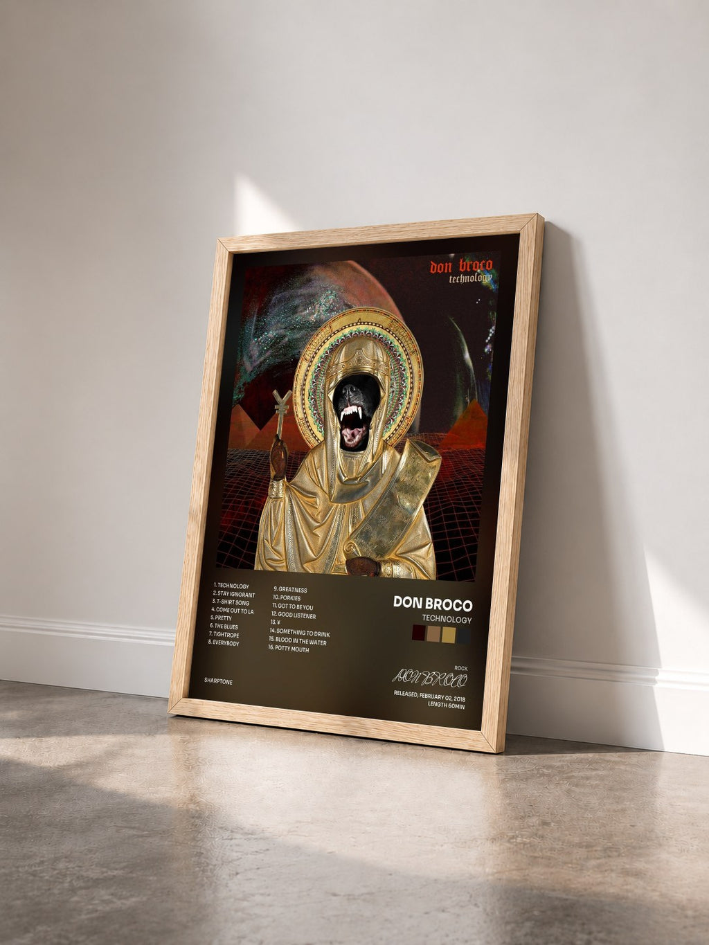 #bois Tableau de l'album Technology de DON BROCO vu de trois quarts, cadre en bois brut