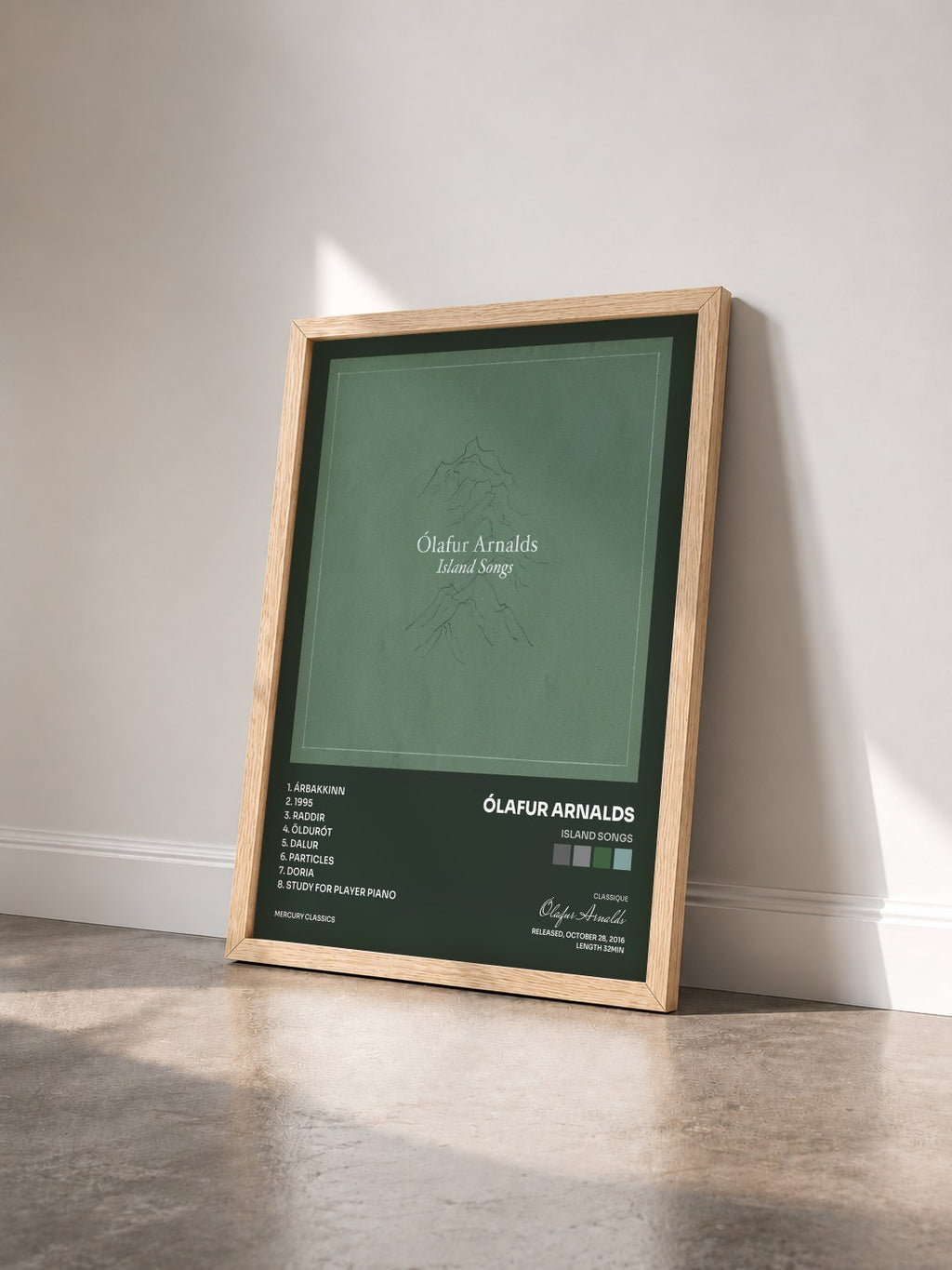 #bois Tableau de l'album Island Songs de Ólafur Arnalds vu de trois quarts, cadre en bois brut