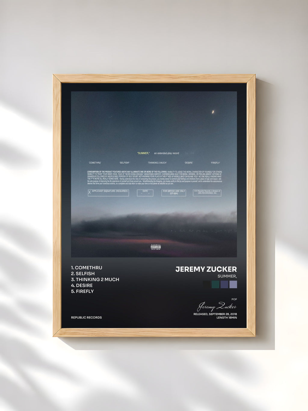 #bois Tableau de l'album summer, de Jeremy Zucker, cadre en bois brut, imprimé et encadré en France