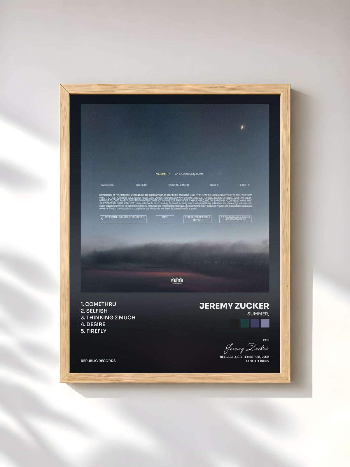 #bois Tableau de l'album summer, de Jeremy Zucker, cadre en bois brut, imprimé et encadré en France