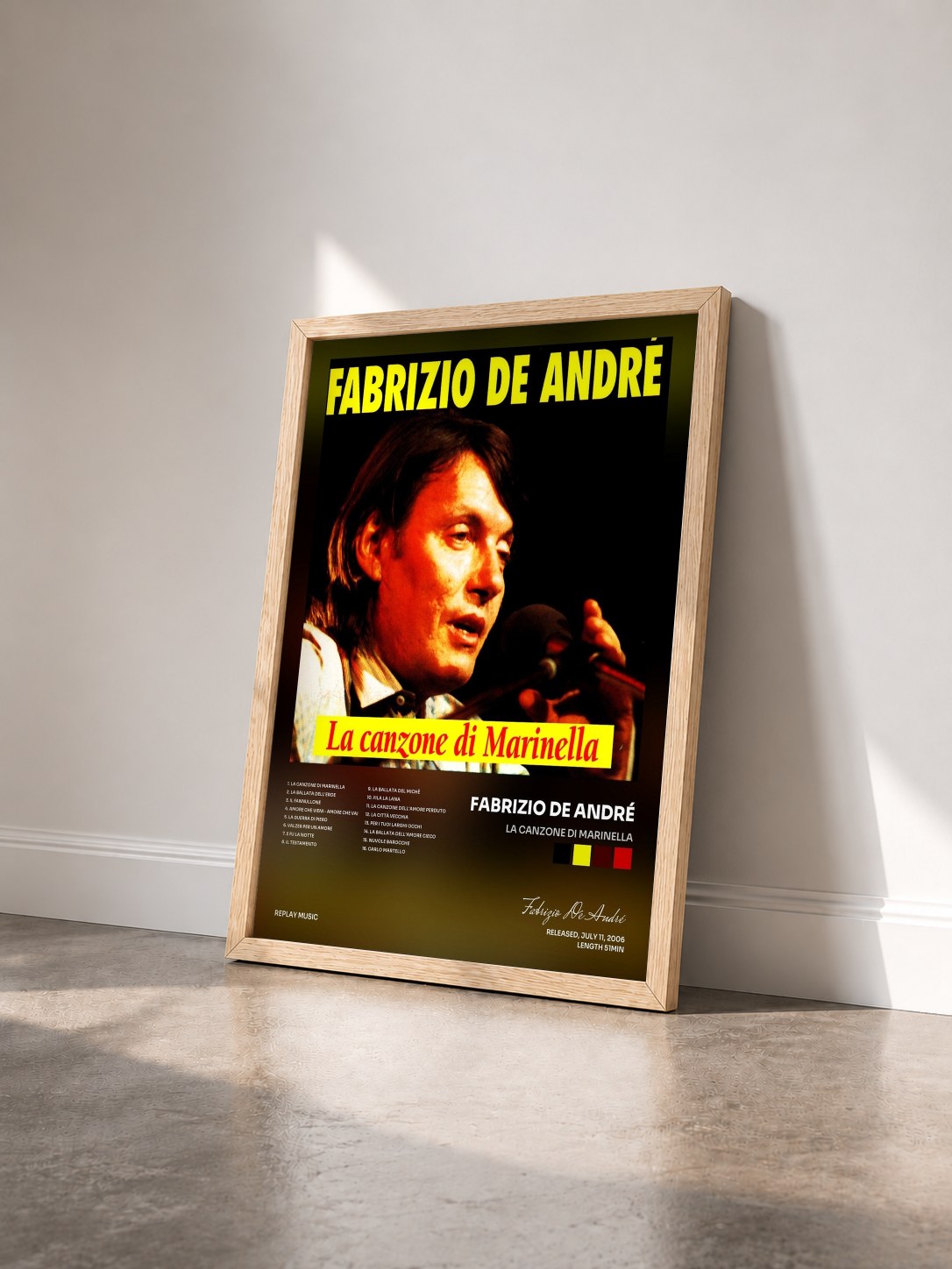 #bois Tableau de l'album La Canzone Di Marinella de Fabrizio De André vu de trois quarts, cadre en bois brut