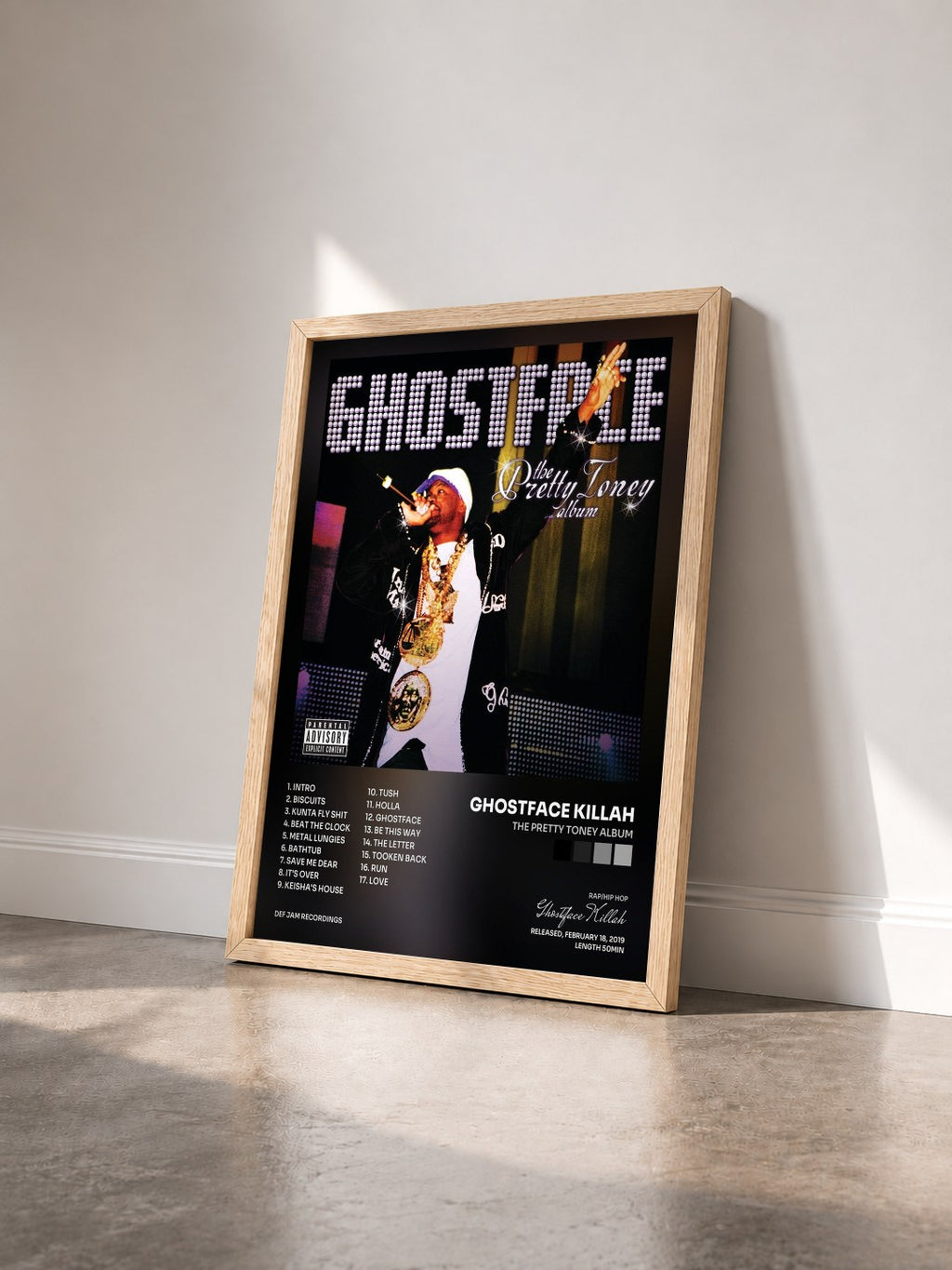 #bois Tableau de l'album The Pretty Toney Album de Ghostface Killah vu de trois quarts, cadre en bois brut