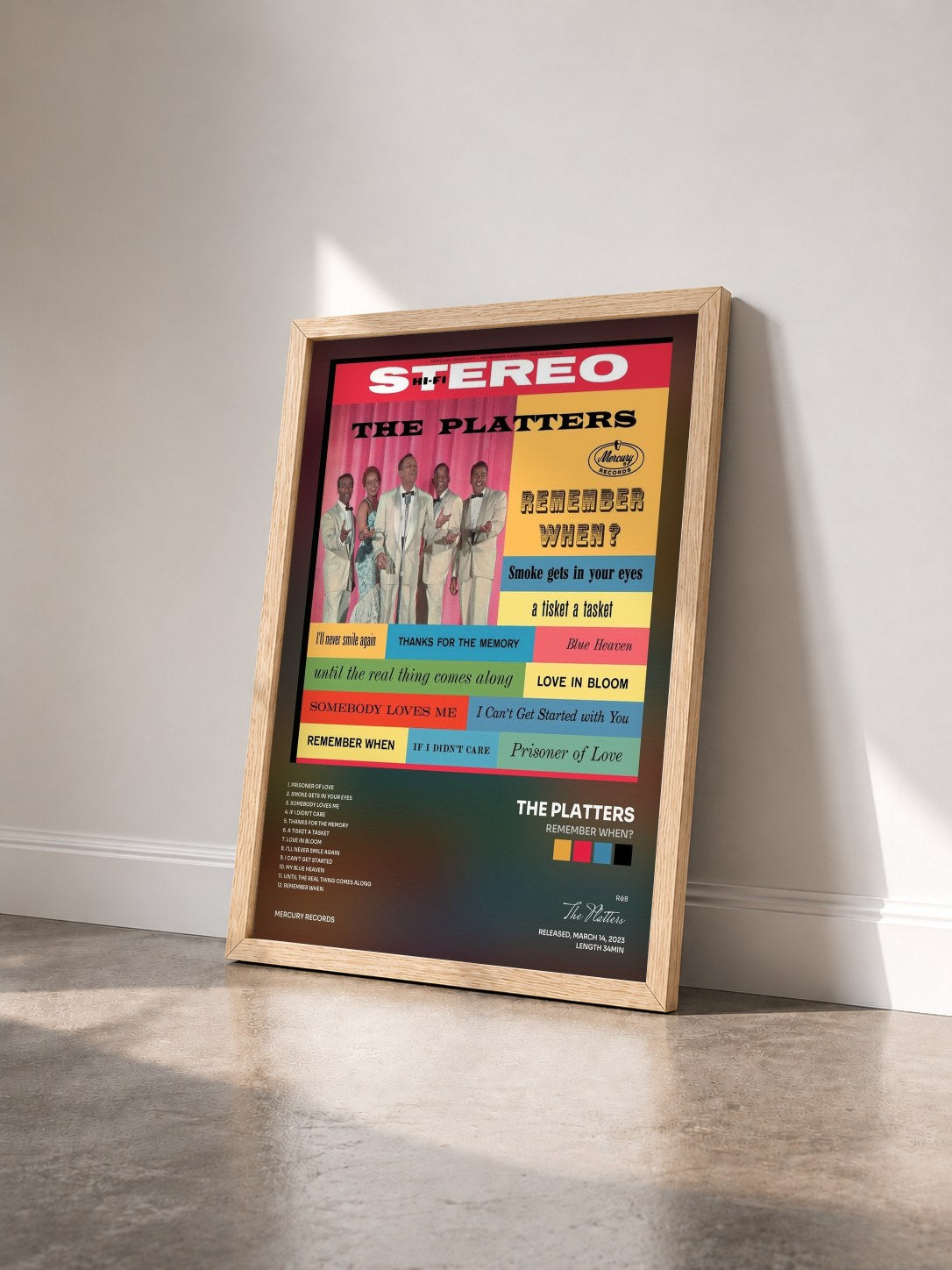 #bois Tableau de l'album Remember When? de The Platters vu de trois quarts, cadre en bois brut